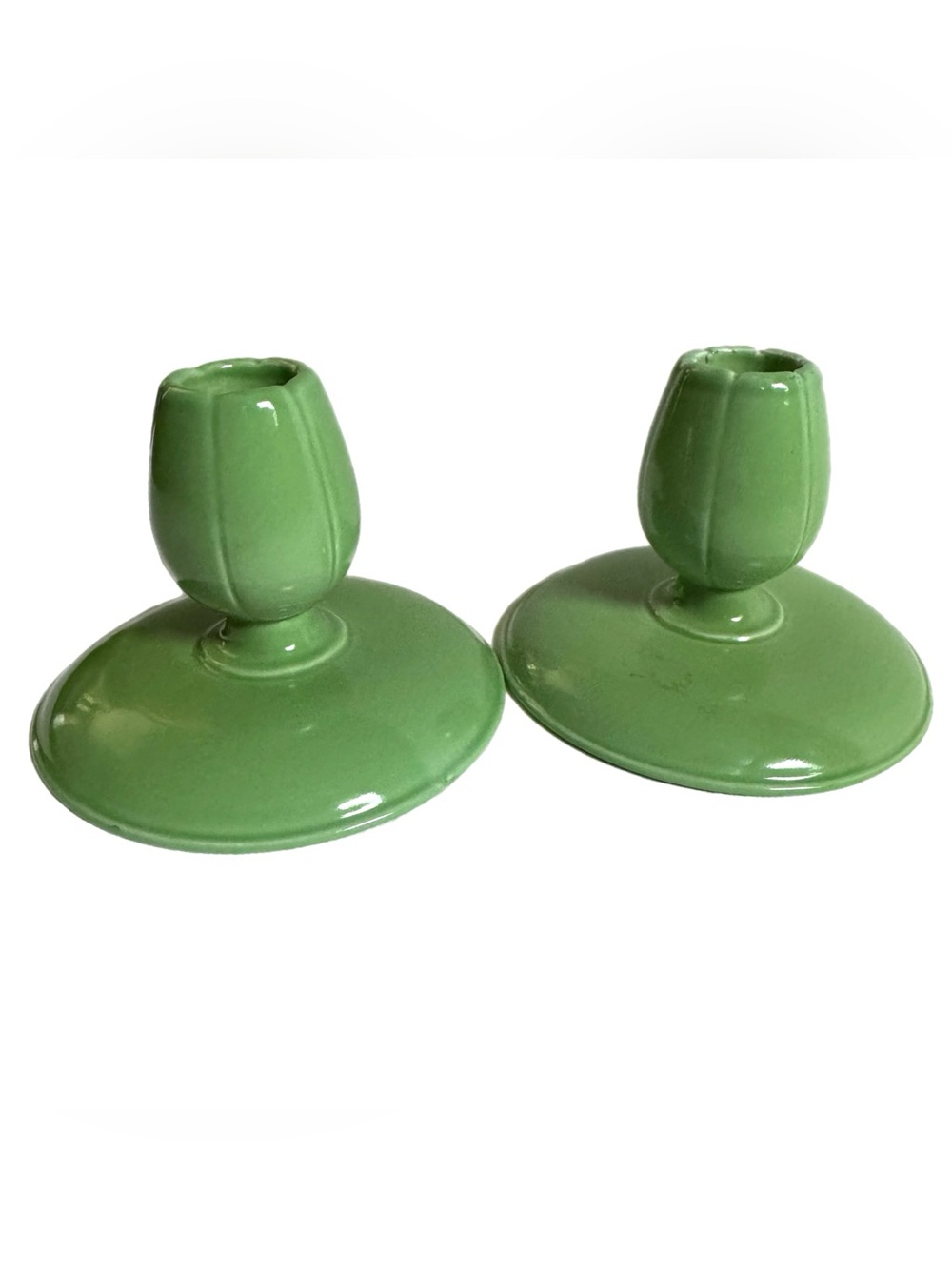 Vtg TEPECO Trenton Potteries Green Tulip Candle Holders Pair Art Deco 1930s